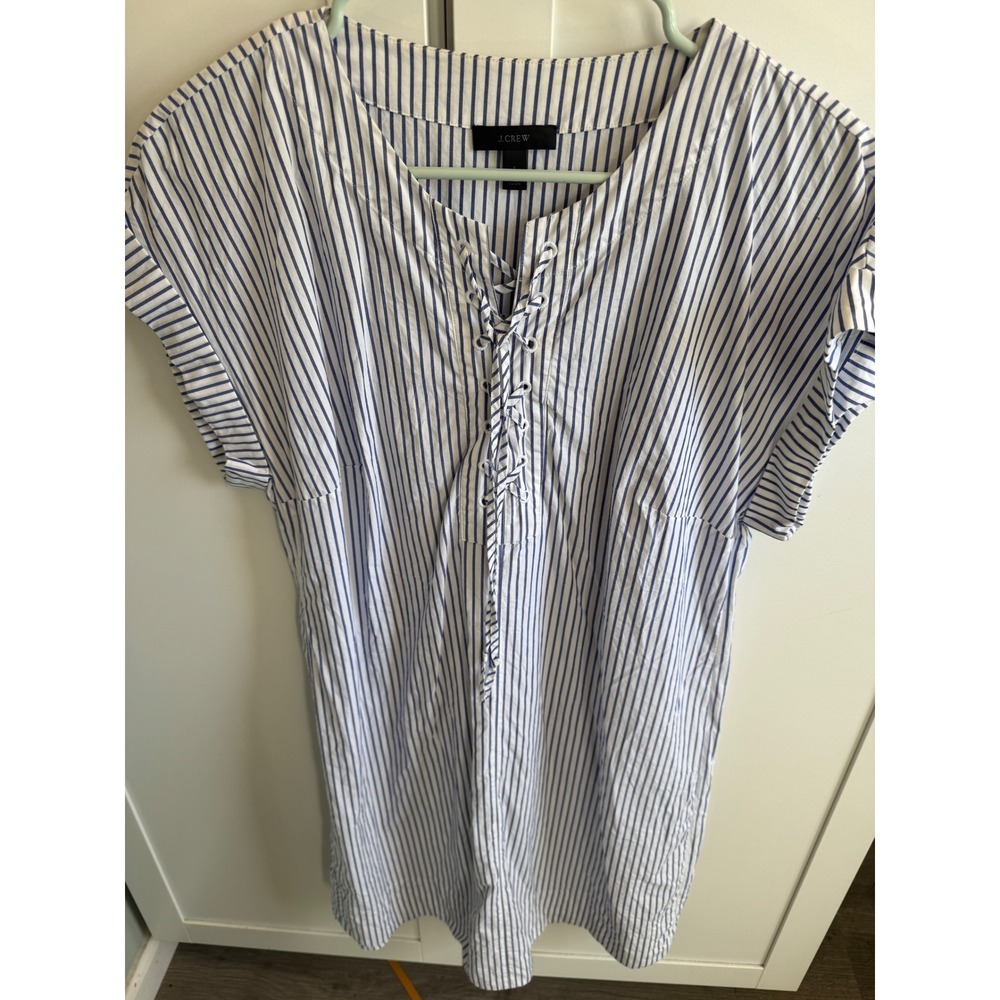 J.Crew Womens Blue White‎ Striped Lace Up V-Neck Cotton Shift Dress Large